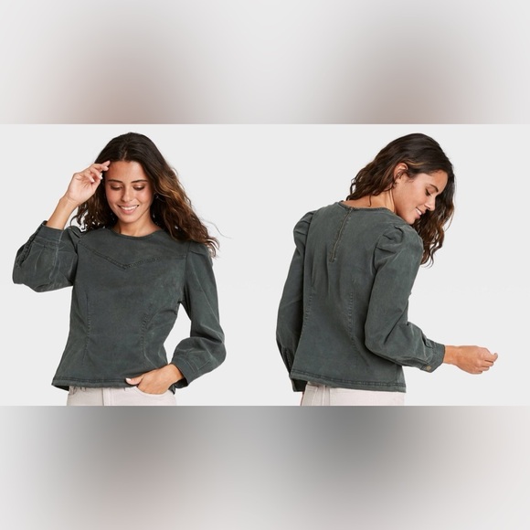 Universal Thread Green Denim Pullover Top Puff Sleeve Size Large - Picture 9 of 9